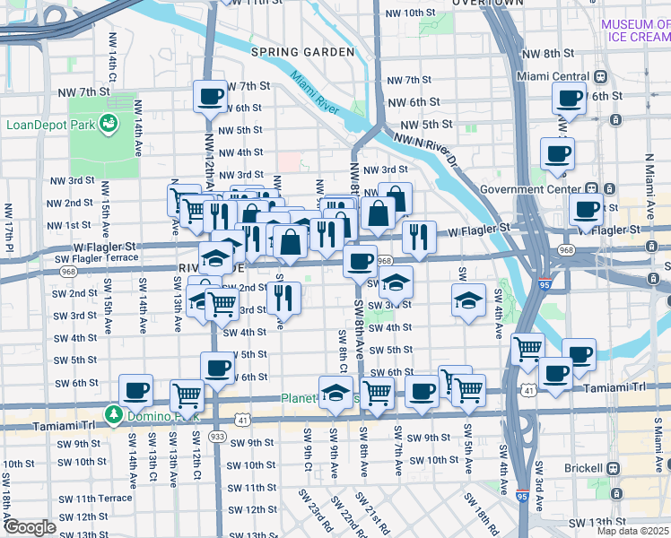map of restaurants, bars, coffee shops, grocery stores, and more near 905 Southwest 1st Street in Miami