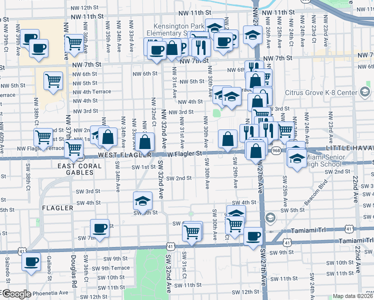 map of restaurants, bars, coffee shops, grocery stores, and more near 3091 Northwest Flagler Terrace in Miami