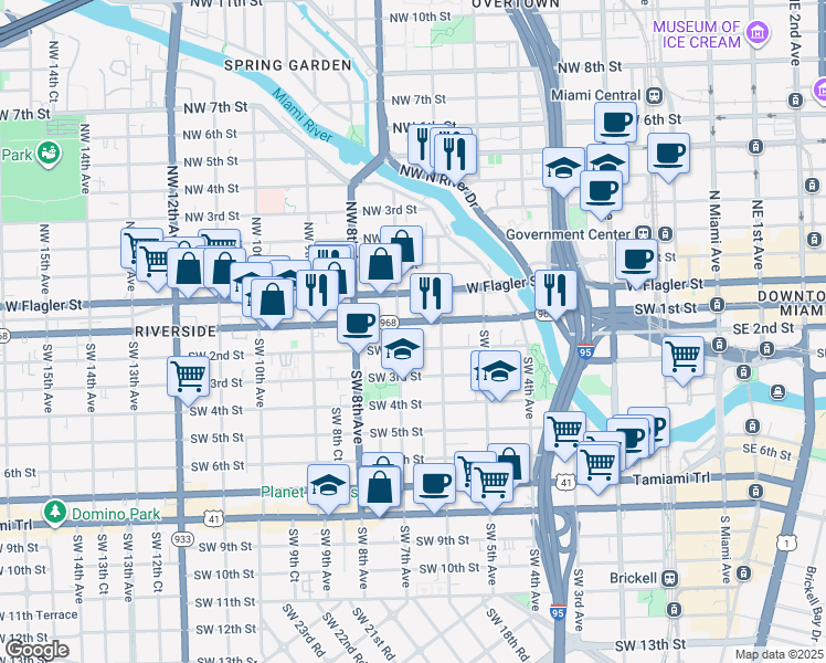 map of restaurants, bars, coffee shops, grocery stores, and more near in Miami
