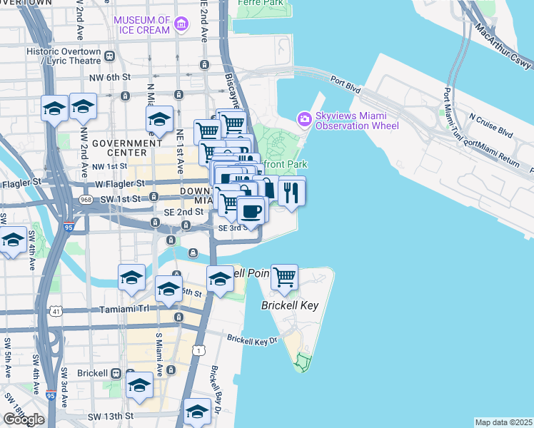 map of restaurants, bars, coffee shops, grocery stores, and more near 120 South Biscayne Boulevard in Miami