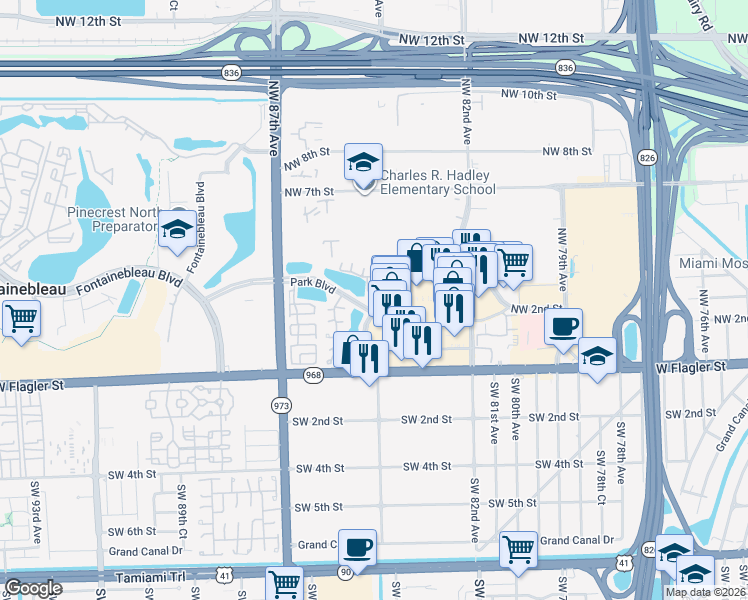 map of restaurants, bars, coffee shops, grocery stores, and more near 88 Northwest 84th Court in Miami