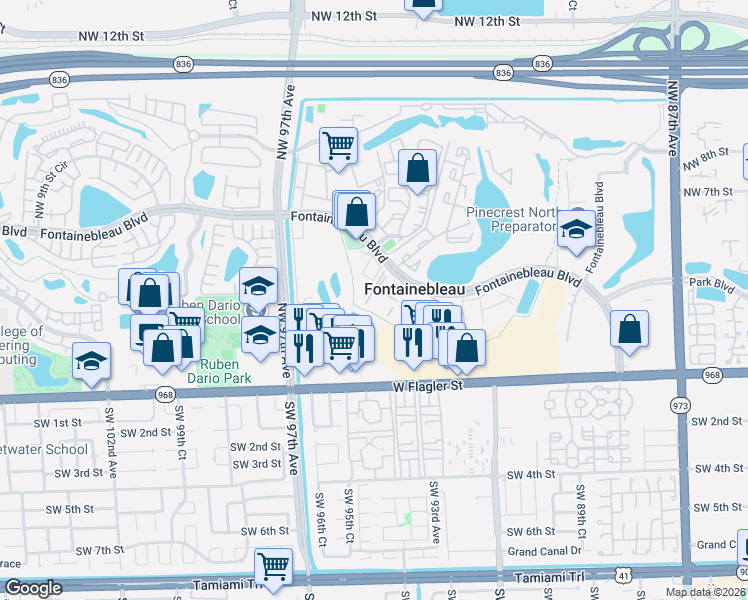 map of restaurants, bars, coffee shops, grocery stores, and more near 3340 Fontainebleau Boulevard in Miami