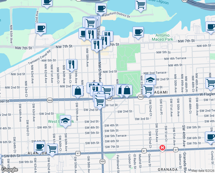 map of restaurants, bars, coffee shops, grocery stores, and more near 216 Northwest 56th Court in Miami