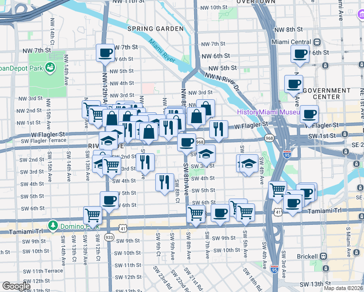 map of restaurants, bars, coffee shops, grocery stores, and more near 120 Southwest 8th Avenue in Miami