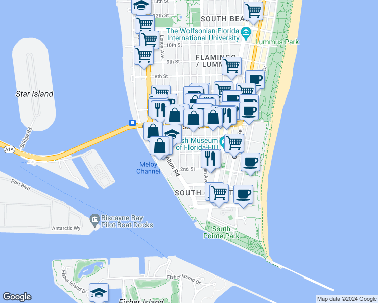 map of restaurants, bars, coffee shops, grocery stores, and more near 334 Jefferson Avenue in Miami Beach