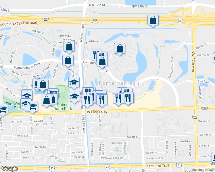 map of restaurants, bars, coffee shops, grocery stores, and more near 3340 Fontainebleau Boulevard in Miami