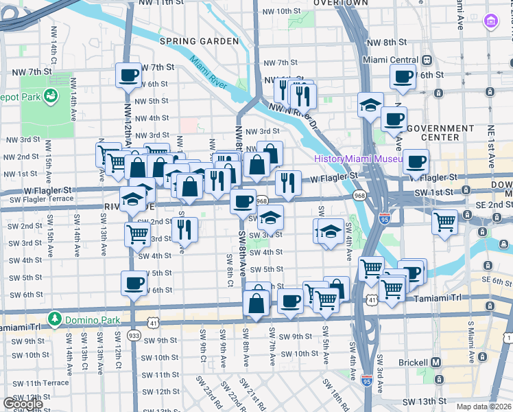 map of restaurants, bars, coffee shops, grocery stores, and more near 700 Southwest 1st Street in Miami