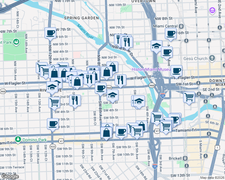 map of restaurants, bars, coffee shops, grocery stores, and more near 6 Southwest 7th Avenue in Miami