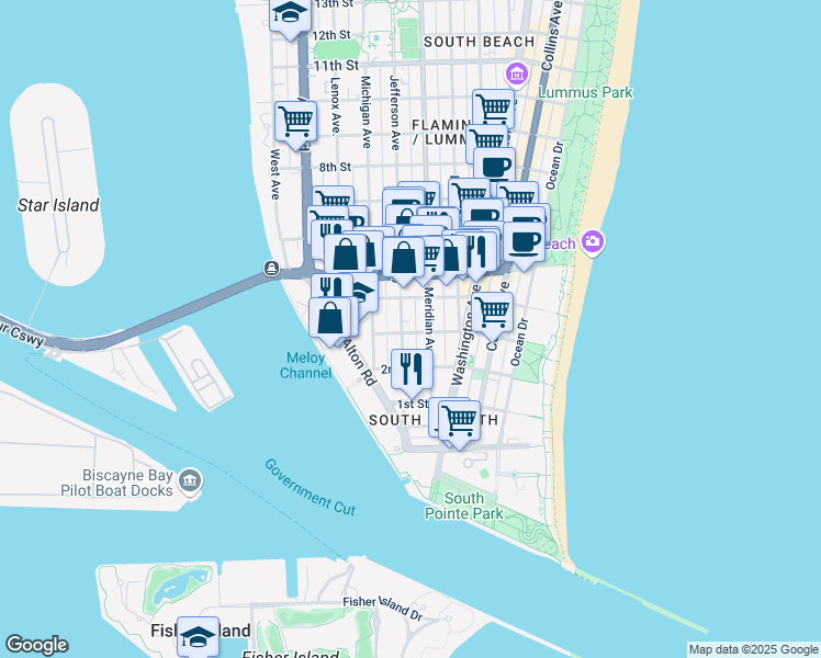 map of restaurants, bars, coffee shops, grocery stores, and more near 301 Jefferson Avenue in Miami Beach