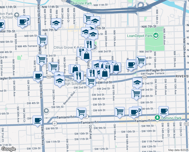 map of restaurants, bars, coffee shops, grocery stores, and more near 2140 West Flagler Street in Miami