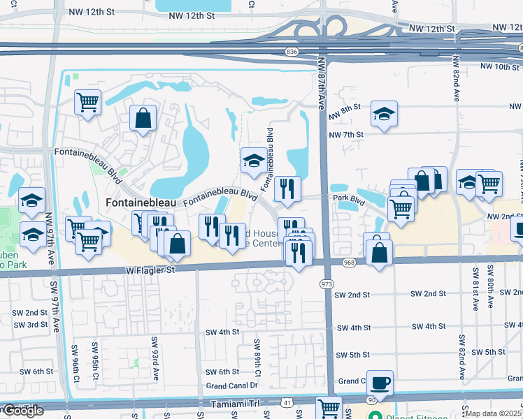 map of restaurants, bars, coffee shops, grocery stores, and more near 8810 Fontainebleau Boulevard in Miami