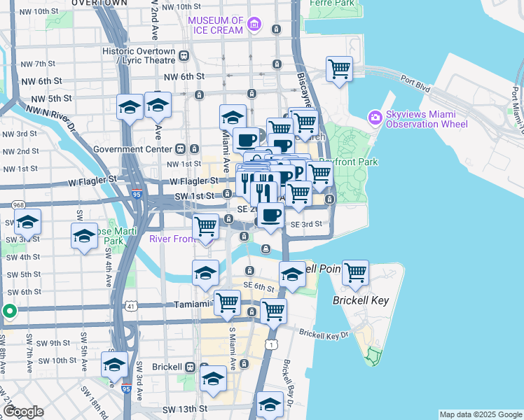 map of restaurants, bars, coffee shops, grocery stores, and more near 100 Southeast 2nd Street in Miami