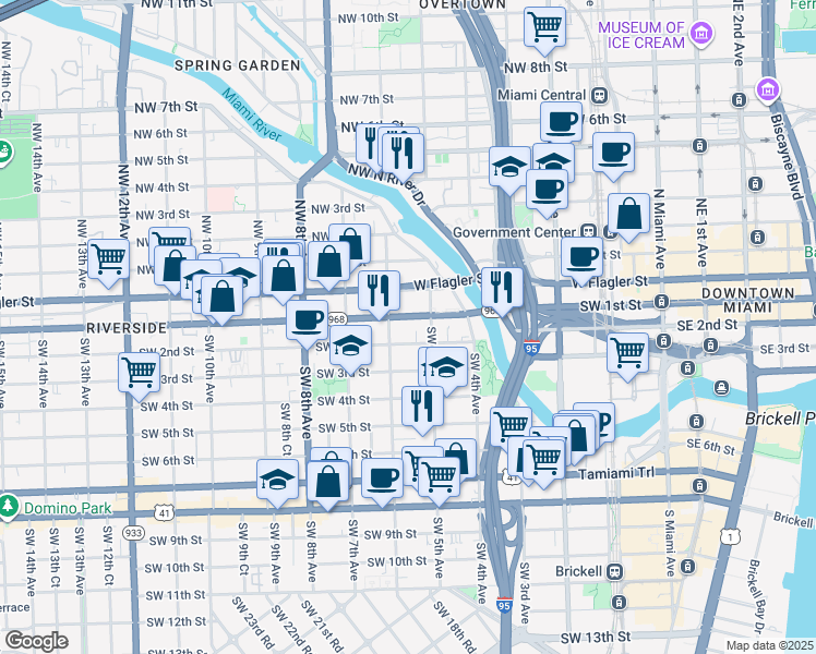 map of restaurants, bars, coffee shops, grocery stores, and more near 537 Southwest 1st Street in Miami