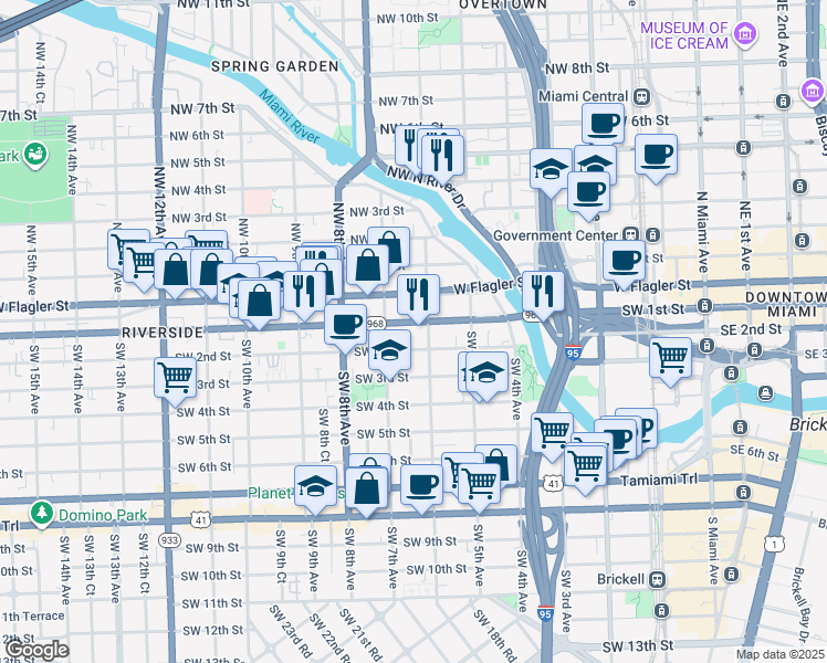 map of restaurants, bars, coffee shops, grocery stores, and more near in Miami
