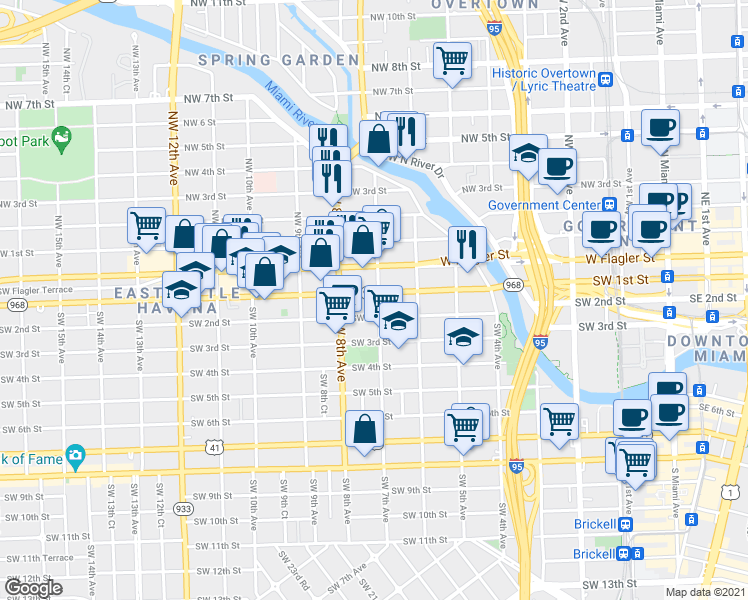 map of restaurants, bars, coffee shops, grocery stores, and more near 6 Southwest 7th Avenue in Miami