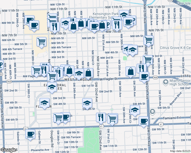 map of restaurants, bars, coffee shops, grocery stores, and more near 50 Northwest 32nd Avenue in Miami