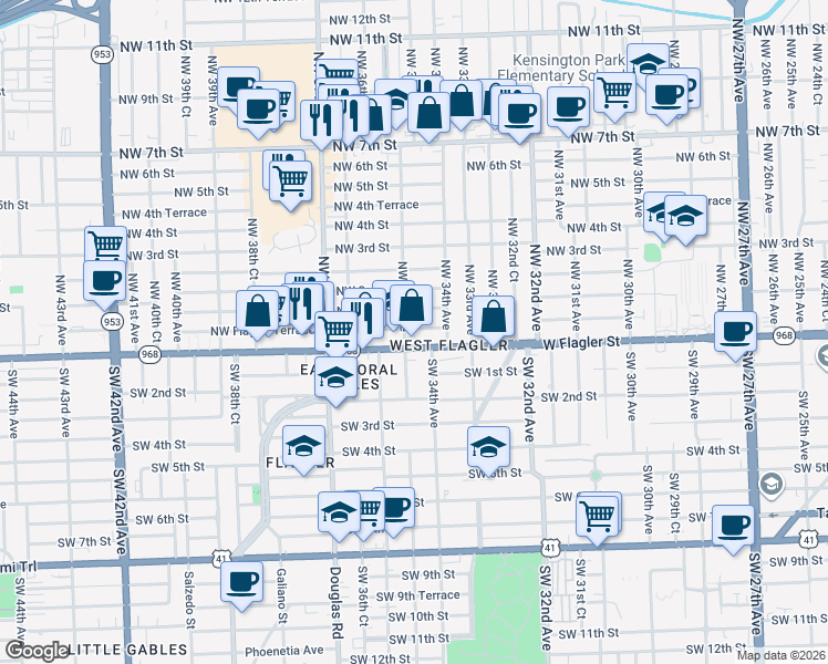 map of restaurants, bars, coffee shops, grocery stores, and more near 3434 Northwest 1st Street in Miami