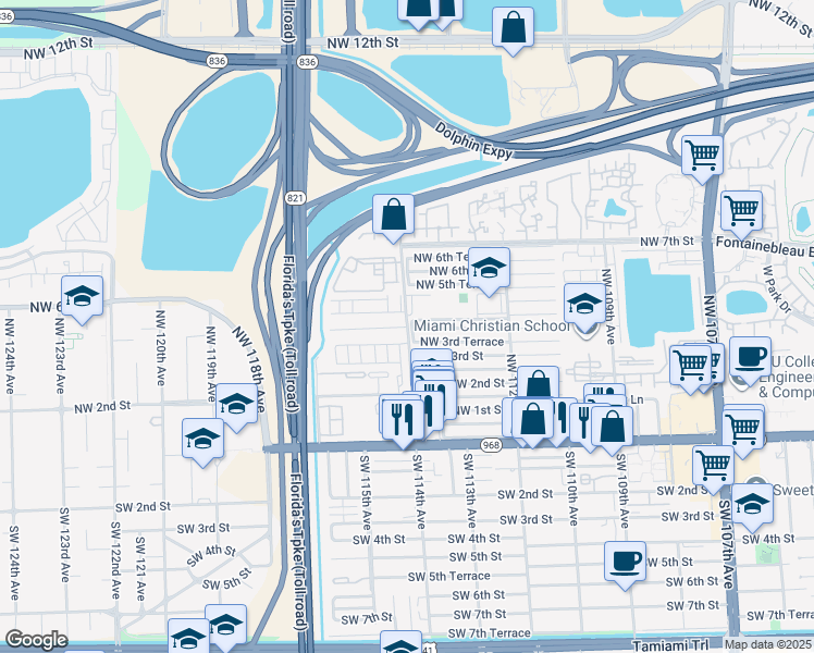 map of restaurants, bars, coffee shops, grocery stores, and more near 11513 Northwest 4th Lane in Miami