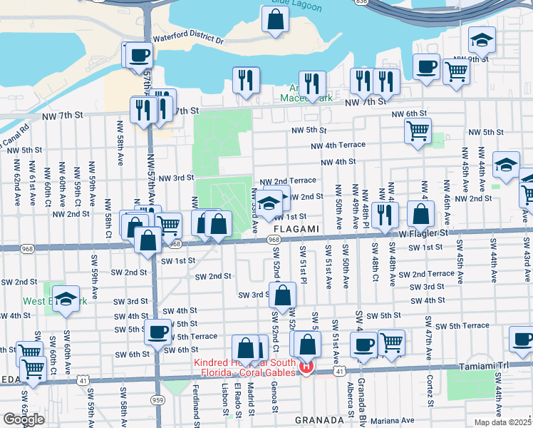 map of restaurants, bars, coffee shops, grocery stores, and more near 5280 Northwest 2nd Street in Miami