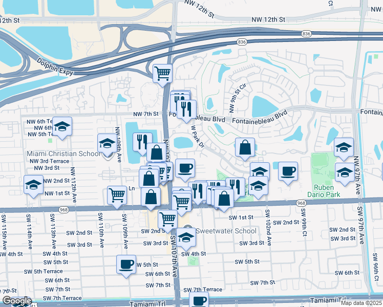 map of restaurants, bars, coffee shops, grocery stores, and more near 440 West Park Drive in Miami