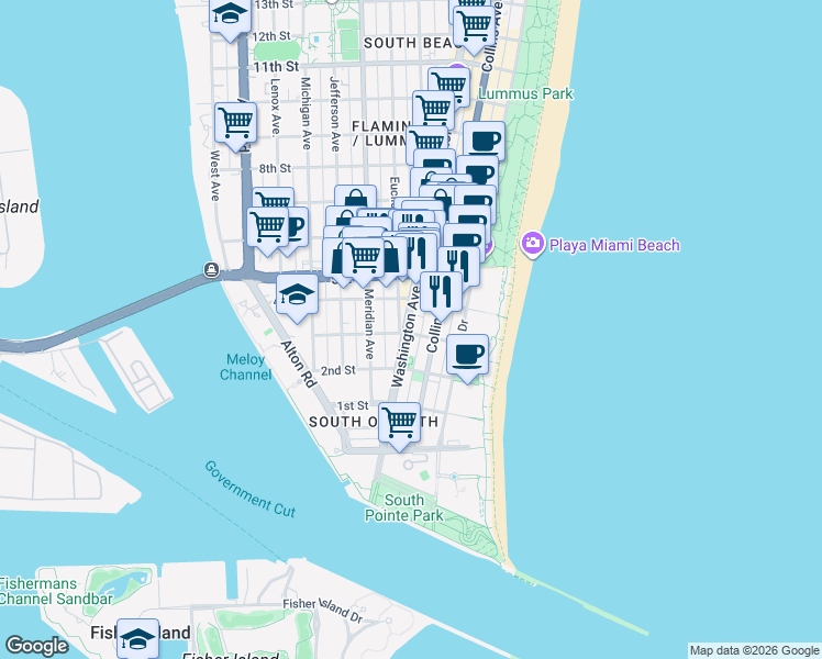 map of restaurants, bars, coffee shops, grocery stores, and more near 301 Washington Avenue in Miami Beach