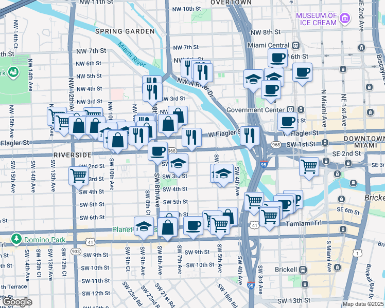 map of restaurants, bars, coffee shops, grocery stores, and more near in Miami