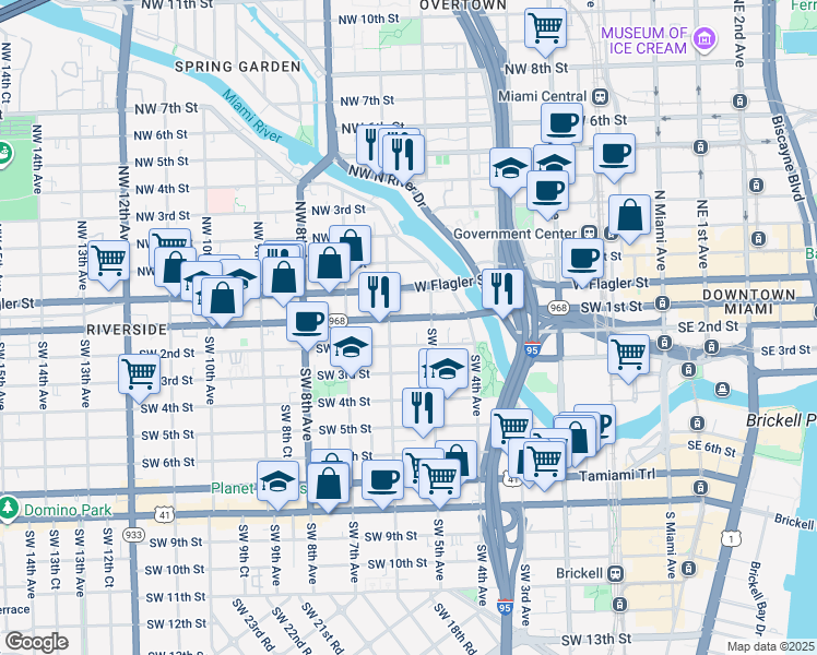 map of restaurants, bars, coffee shops, grocery stores, and more near 537 Southwest 1st Street in Miami