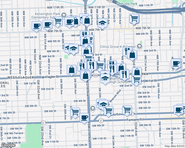 map of restaurants, bars, coffee shops, grocery stores, and more near 25 Northwest 26th Avenue in Miami