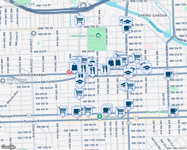 map of restaurants, bars, coffee shops, grocery stores, and more near 1511 Southwest Flagler Terrace in Miami