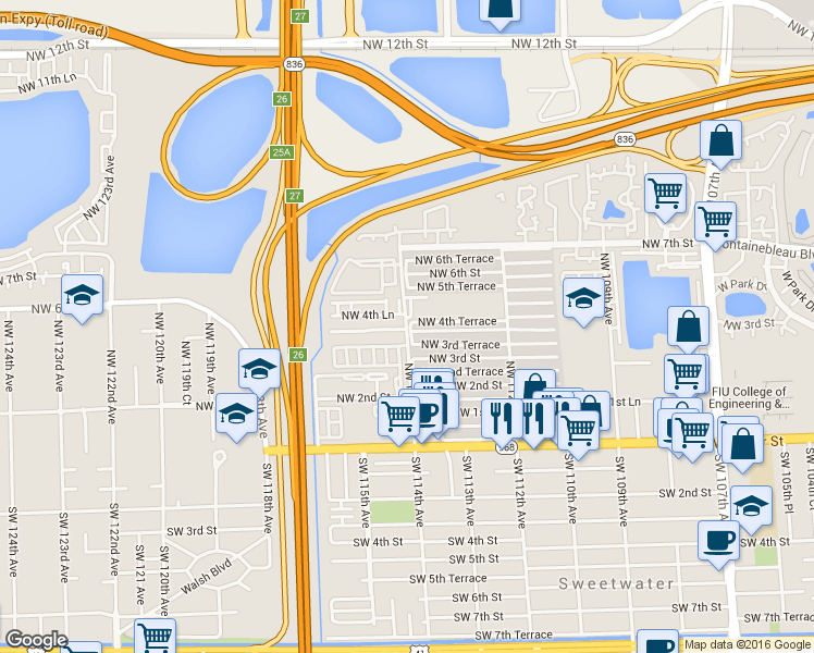 map of restaurants, bars, coffee shops, grocery stores, and more near 455 Northwest 114th Avenue in Miami