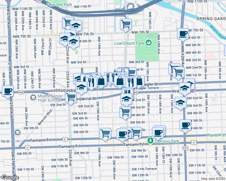 map of restaurants, bars, coffee shops, grocery stores, and more near 11 Northwest 17th Place in Miami
