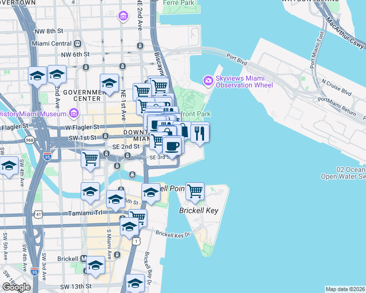 map of restaurants, bars, coffee shops, grocery stores, and more near 100 Chopin Plaza in Miami