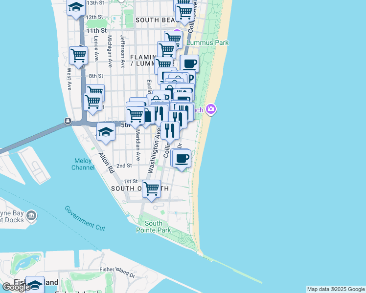 map of restaurants, bars, coffee shops, grocery stores, and more near in Miami Beach