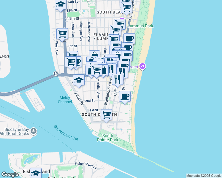 map of restaurants, bars, coffee shops, grocery stores, and more near in Miami Beach