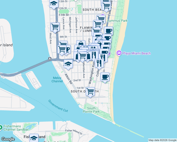 map of restaurants, bars, coffee shops, grocery stores, and more near in Miami Beach