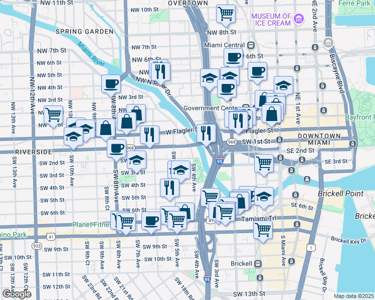 map of restaurants, bars, coffee shops, grocery stores, and more near 10 Southwest South River Drive in Miami