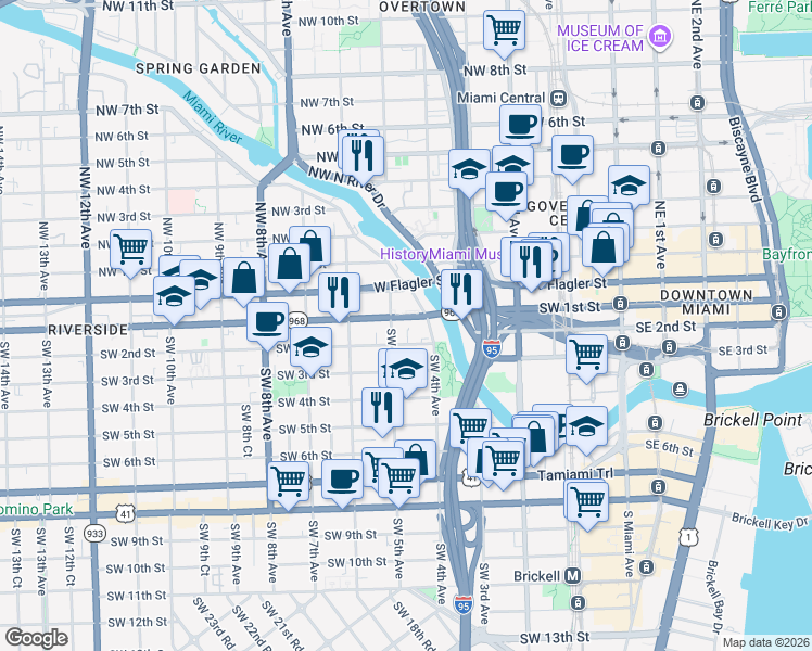map of restaurants, bars, coffee shops, grocery stores, and more near 10 Southwest South River Drive in Miami