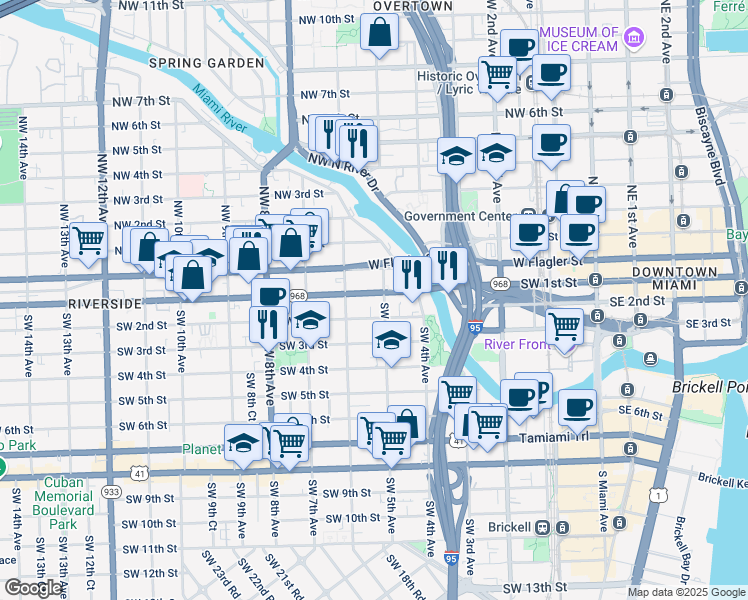 map of restaurants, bars, coffee shops, grocery stores, and more near 537 Southwest 1st Street in Miami