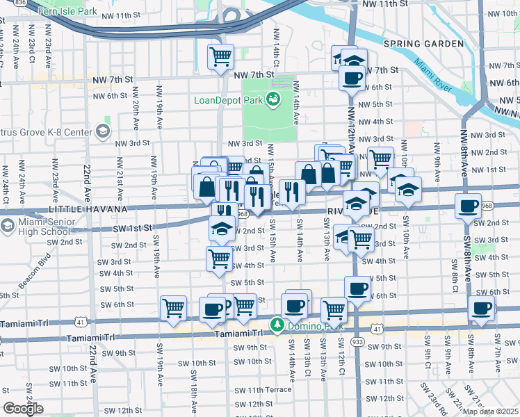 map of restaurants, bars, coffee shops, grocery stores, and more near 1511 Southwest Flagler Terrace in Miami
