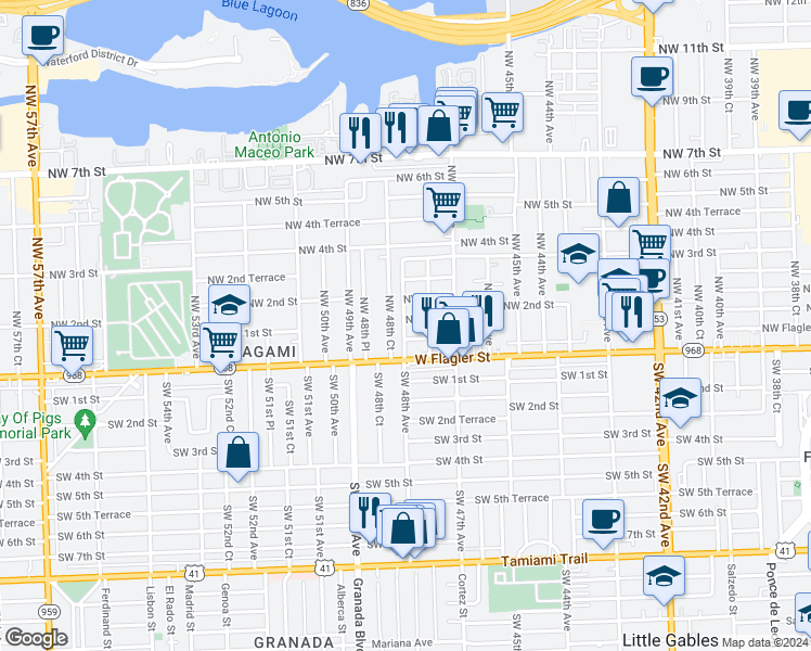 map of restaurants, bars, coffee shops, grocery stores, and more near 120 Northwest 48th Avenue in Miami
