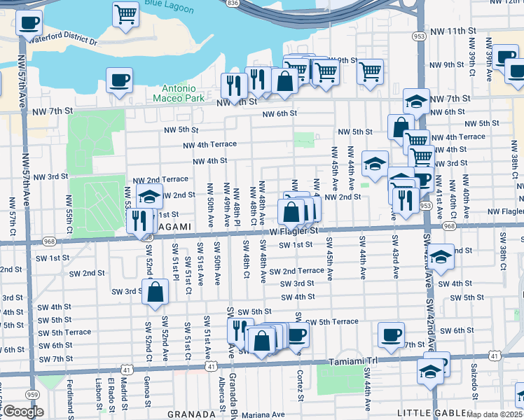 map of restaurants, bars, coffee shops, grocery stores, and more near 120 Northwest 48th Avenue in Miami