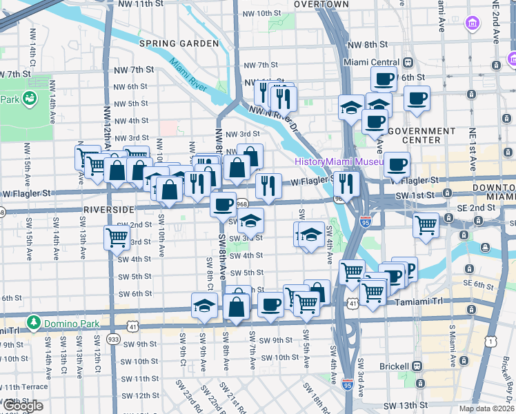 map of restaurants, bars, coffee shops, grocery stores, and more near in Miami