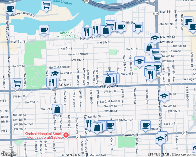 map of restaurants, bars, coffee shops, grocery stores, and more near 120 Northwest 48th Avenue in Miami