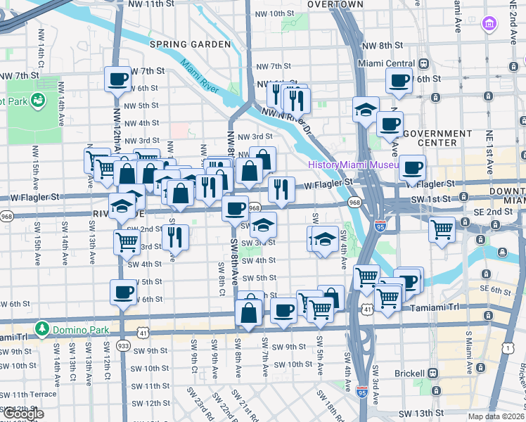 map of restaurants, bars, coffee shops, grocery stores, and more near 6 Southwest 7th Avenue in Miami