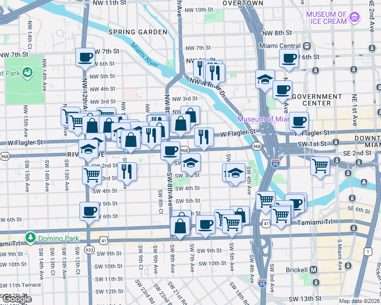 map of restaurants, bars, coffee shops, grocery stores, and more near 6 Southwest 7th Avenue in Miami