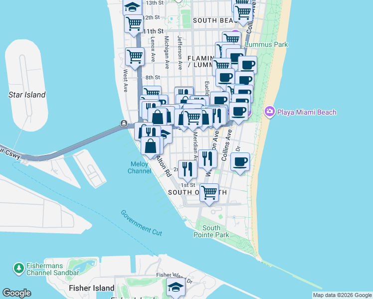 map of restaurants, bars, coffee shops, grocery stores, and more near 334 Jefferson Avenue in Miami Beach