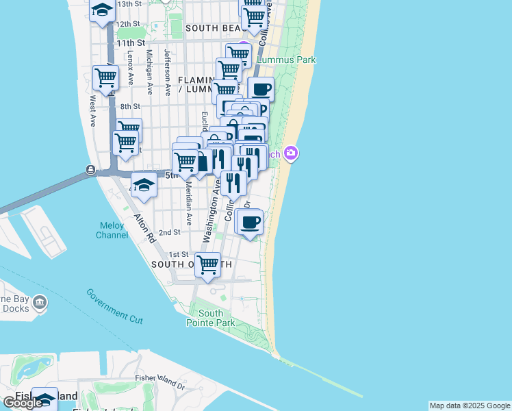 map of restaurants, bars, coffee shops, grocery stores, and more near in Miami Beach