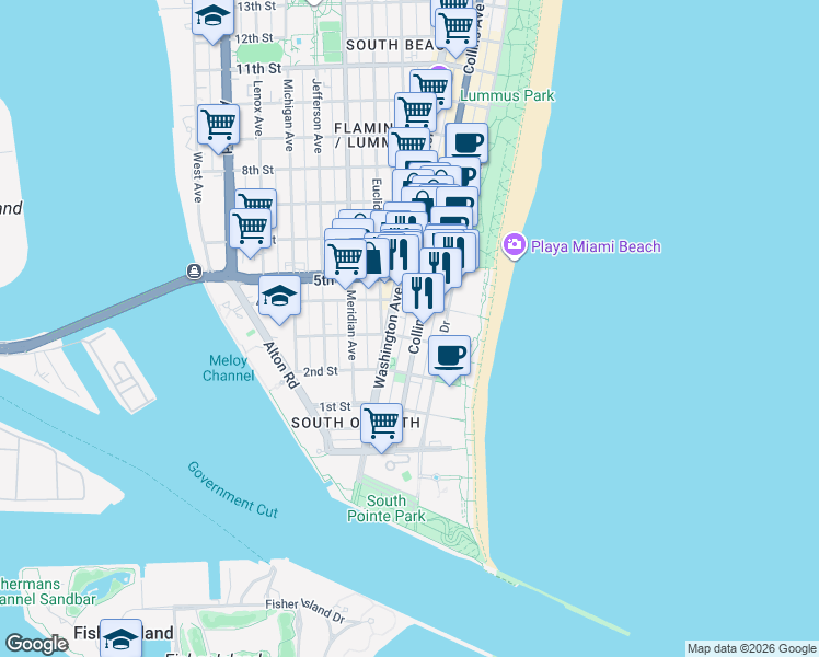 map of restaurants, bars, coffee shops, grocery stores, and more near 300 Collins Avenue in Miami Beach
