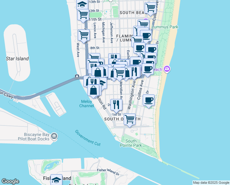 map of restaurants, bars, coffee shops, grocery stores, and more near 334 Jefferson Avenue in Miami Beach