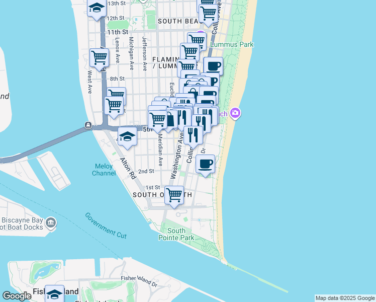map of restaurants, bars, coffee shops, grocery stores, and more near in Miami Beach